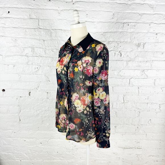 Mango MNG collection black floral sheer button down blouse shirt top size Medium - Picture 6 of 6